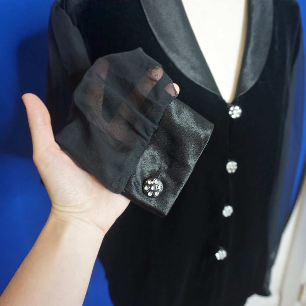 💜 DRESS BARN Black Velvet Sheer Sleeves Faux Diamond Button Jacket/Top (XL) - Picture 6 of 10